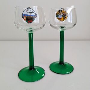 Vintage French Luminarc Alsace Wine Green Stem Glass Pair Set 2 Made in France